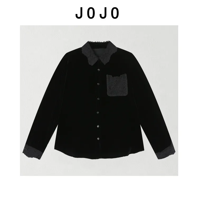 玖了个玖【撞色领丝绒小衫】2025秋冬新款百搭休闲衬衫2512C9508