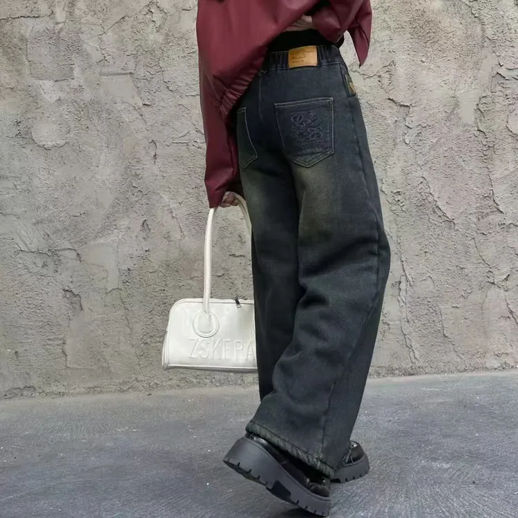 女冬季仿兔毛加绒特厚牛仔直筒裤一条过冬阔腿裤高腰百搭宽松长裤