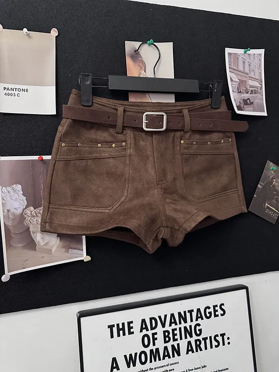 美式复古气质辣妹新款显瘦高腰a字咖色鹿皮绒工装短裤女靴裤热裤