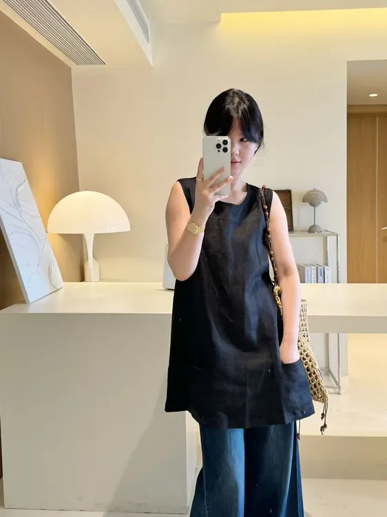 MOREYOUNG李李家后背小扣A字中长麻坎肩25192