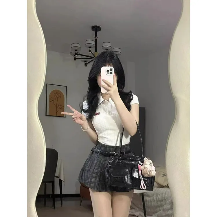 晨领夏季新款领短袖恤小个子学院风气质字百褶半身裙短裙女