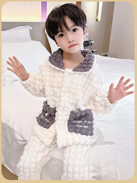 秋冬季男童保暖珊瑚绒儿童睡衣法兰绒居家服男女童宝加绒加厚套装