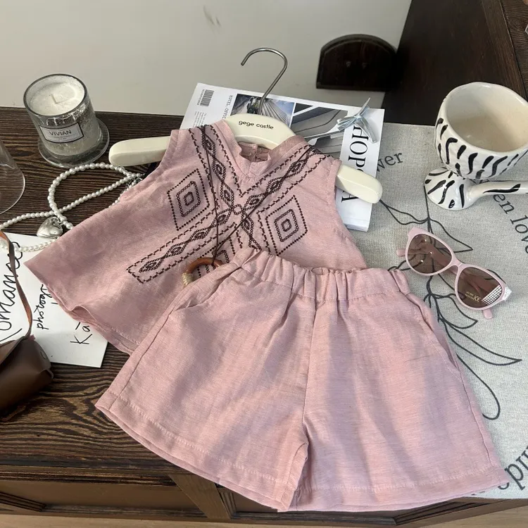 韩版童装夏装新款夏季女童刺绣娃娃衫套装儿童波西米亚度假两件套