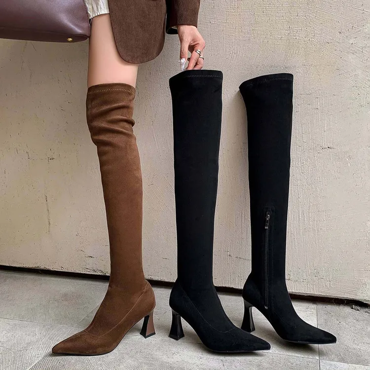 柚子初过膝靴女2025新款大码显瘦弹力高跟瘦瘦靴尖头细跟百搭长靴