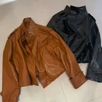 宽松型时尚春秋网红长袖皮衣千金风百搭秋季短款立领