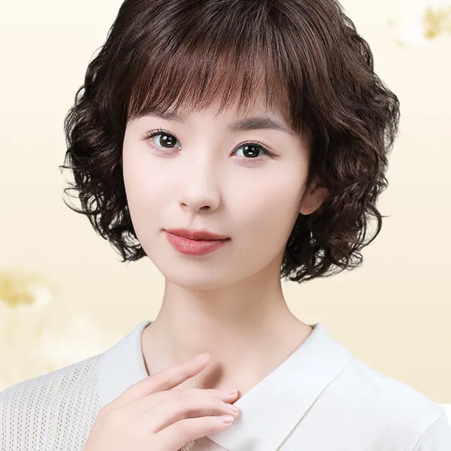 短发假发头巾女性真发中老年女性母亲天然真发减龄毛质卷发
