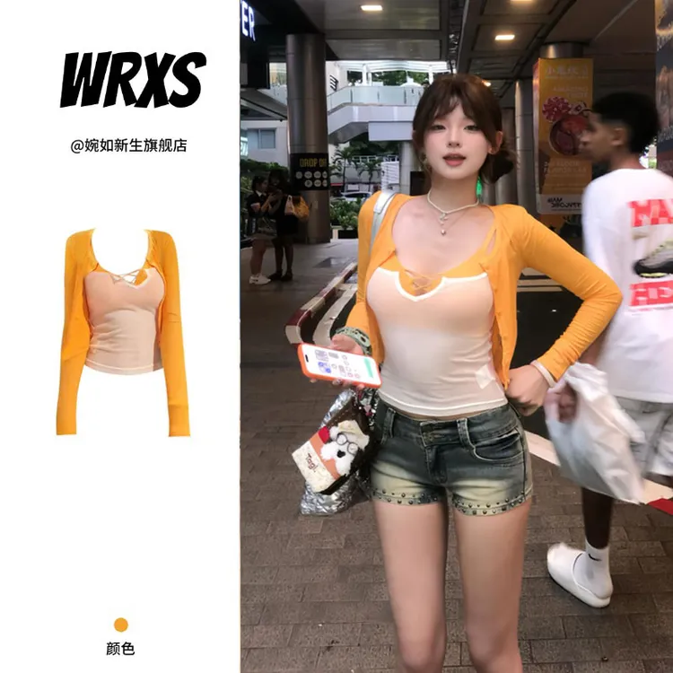 【婉如新生】纯欲撞色叠穿文胸吊带背心女夏长袖开衫防晒上衣三件套