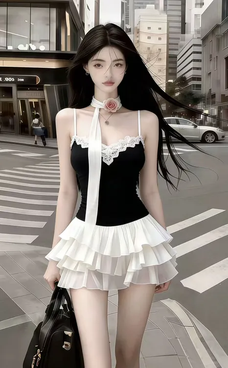 秋冬季新款2025时尚小众纯欲少女感撞色拼接无袖U领吊带连衣裙女