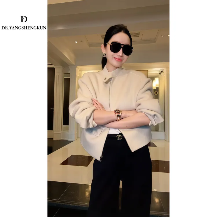 杨圣坤2025冬季新品羊毛羊绒混纺双面呢拉链短款大衣外套TR251021