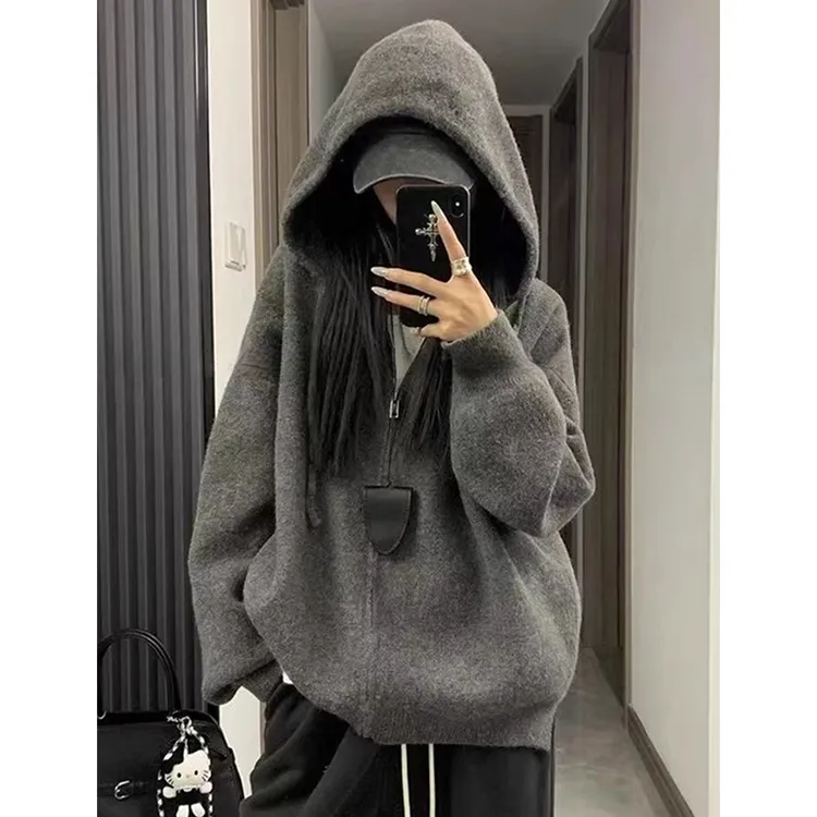 灰色拉链连帽针织开衫卫衣女秋冬季新款高级感慵懒风毛衣外套上衣