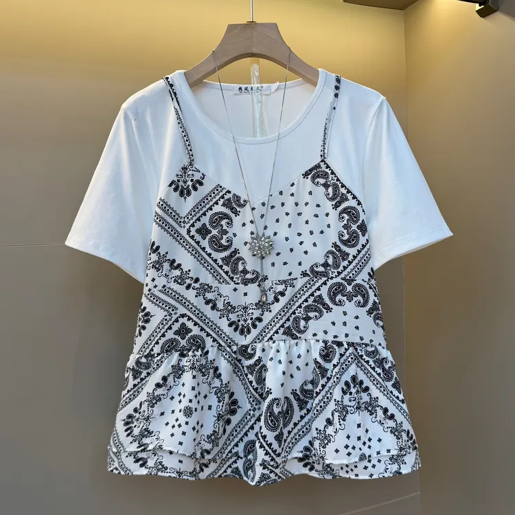 2025欧货复古腰果花吊带撞色拼接假两件减龄宽松版胖mm上衣909