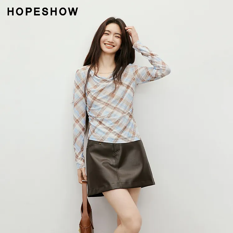 红袖2025秋新款女装  格纹荡领捏褶开叉长袖上衣90225210203