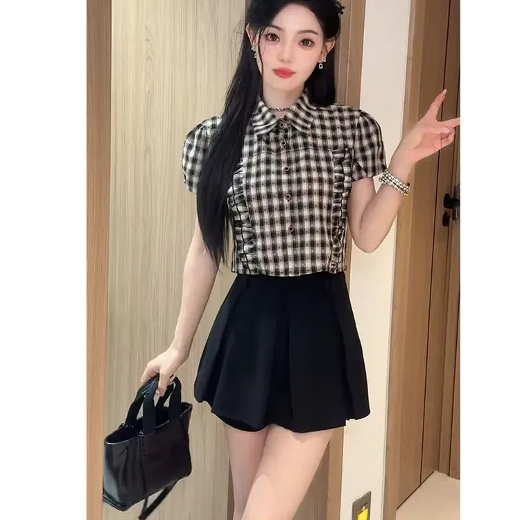 夏季搭配一整套时尚今年流行套装超火拼接衬衫显瘦裙裤两件套
