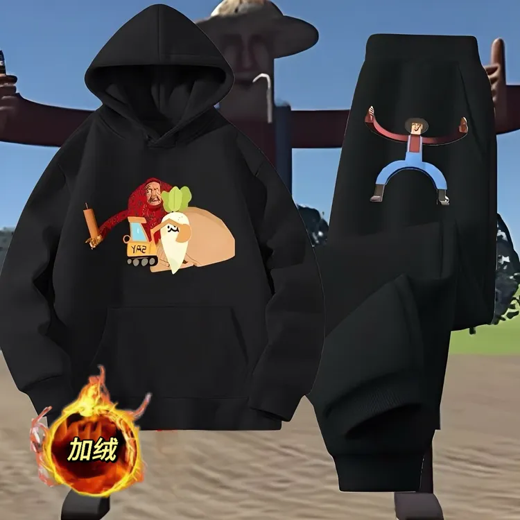 2025新款约翰的农场儿童套装加绒挖掘机里腌萝卜圆领卫衣长裤冬