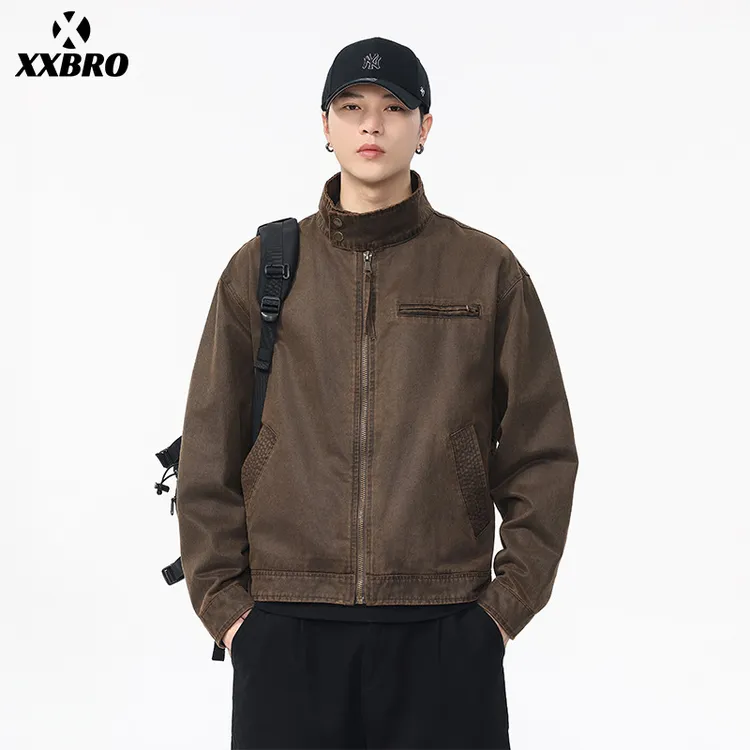 户外春秋爆款男士美式复古开衫油蜡皮衣夹克短款巴安休闲宽松外套