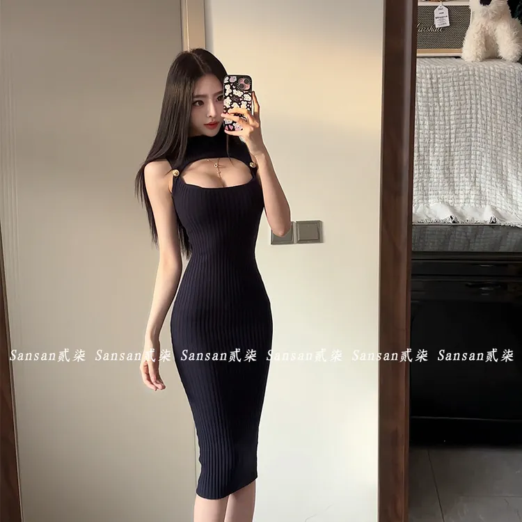 Sansa贰柒【狙击视线】纯欲镂空针织连衣裙女显瘦性感包臀裙长裙