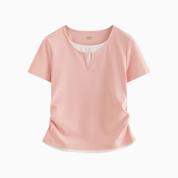 甜酷风假两件抽褶收腰T恤女2025夏季甜美减龄少女休闲上衣