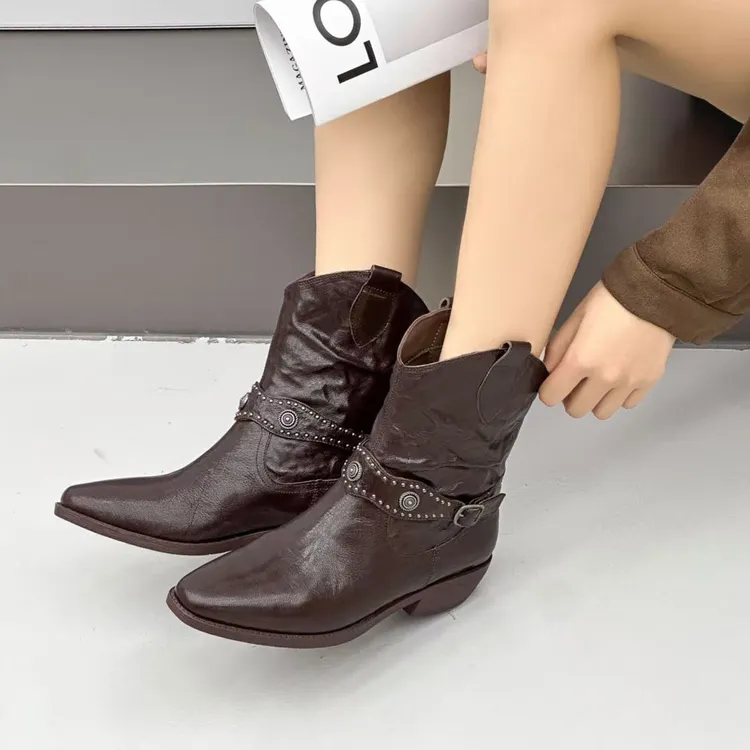 冬季粗跟真皮中筒靴低跟百搭短靴靴子女靴压花筒靴复古