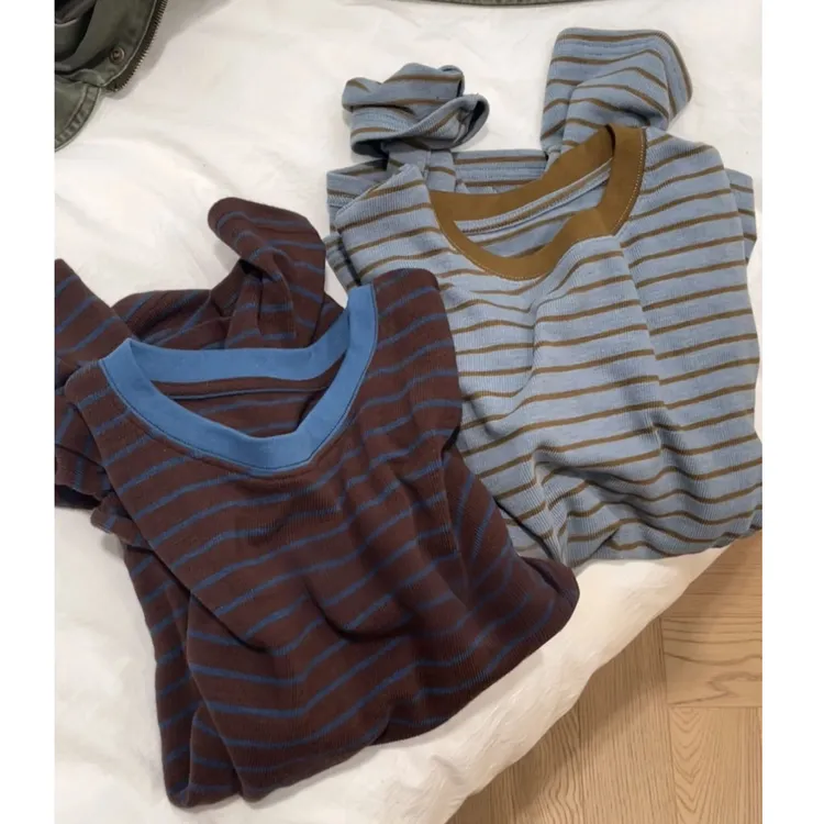 复古撞色条纹慵懒风打底衫～孕妇秋装上衣时尚宽松休闲柔软百搭T恤