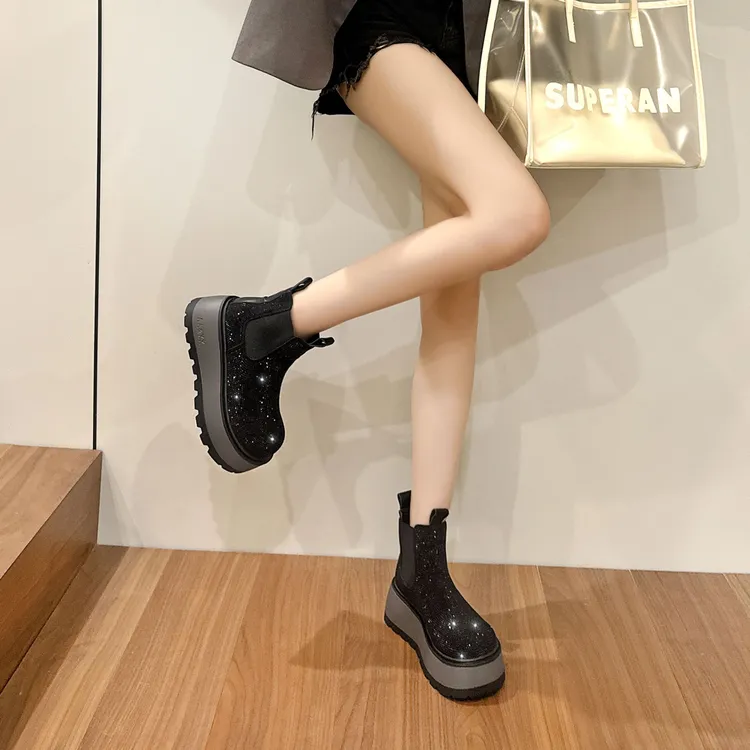 三小姐3995-2025秋冬新款钻钻女靴粗跟厚底烟管弹力短靴