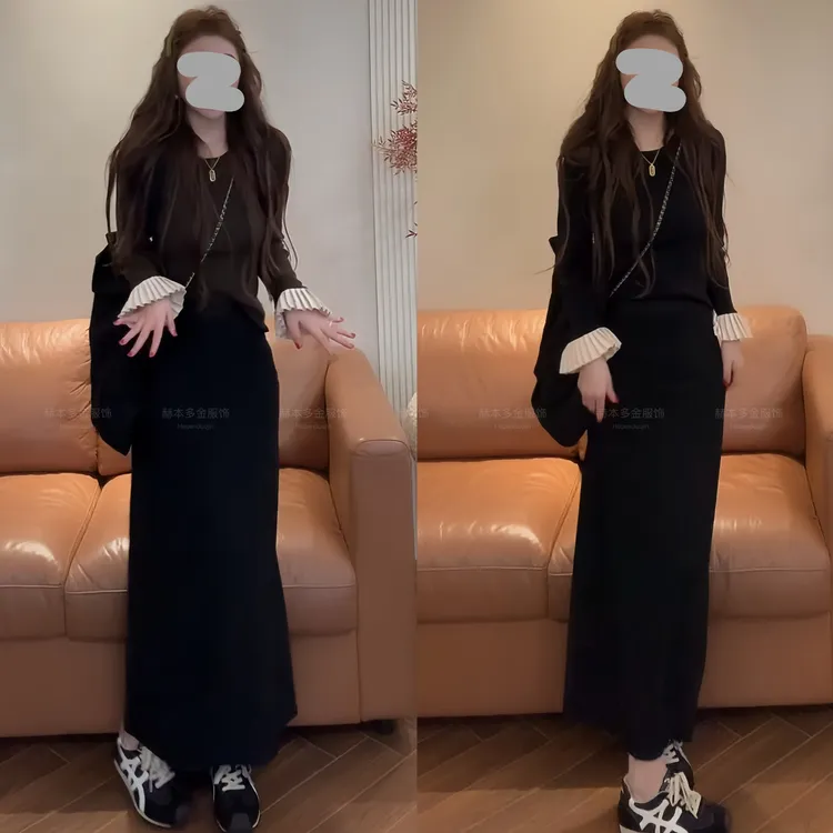 2025早秋新款法式轻奢打底衫显瘦喇叭袖上衣百搭舒适半身裙套装女