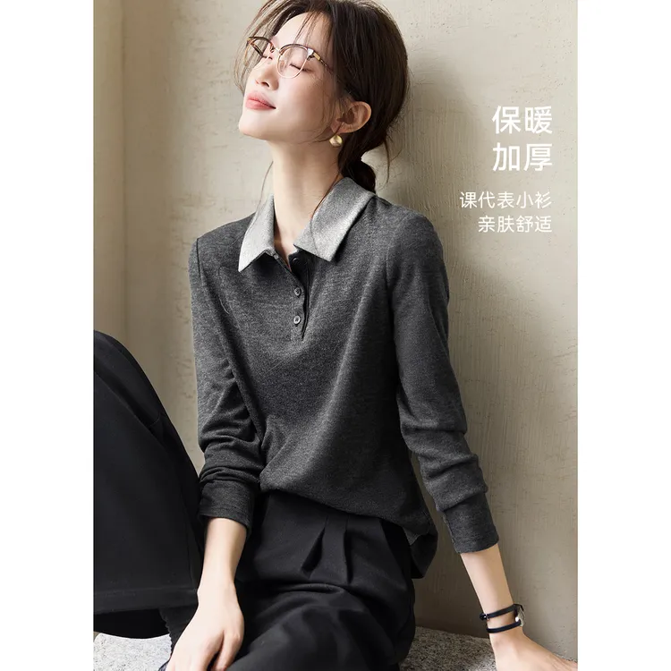 撞色拼接亲肤polo领t恤女2025秋冬季新款时髦百搭保暖加厚小衫潮