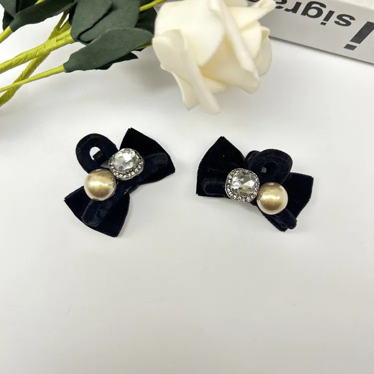 2024秋冬气质轻奢圆珠水钻丝绒蝴蝶结刘海夹侧边夹碎发夹发饰4cm