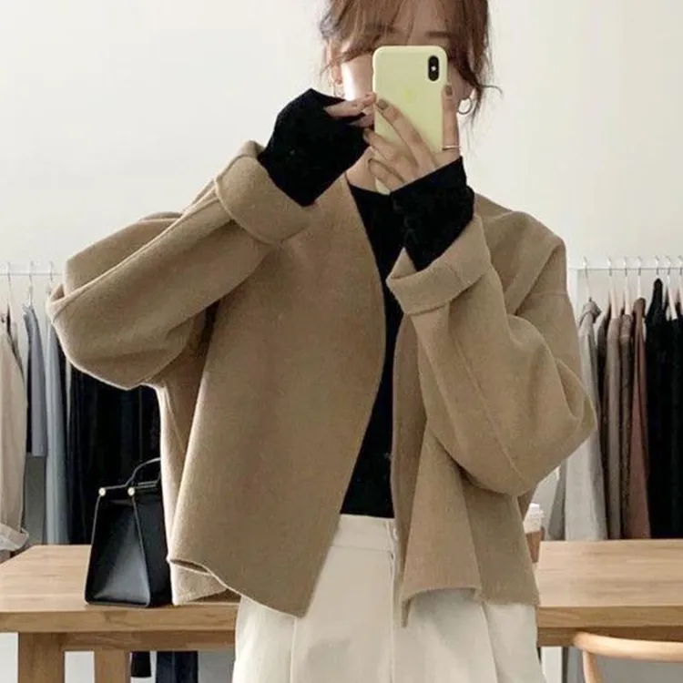 韩国极简主义秋冬气质领宽松百搭泡泡袖双面毛呢短款外套女