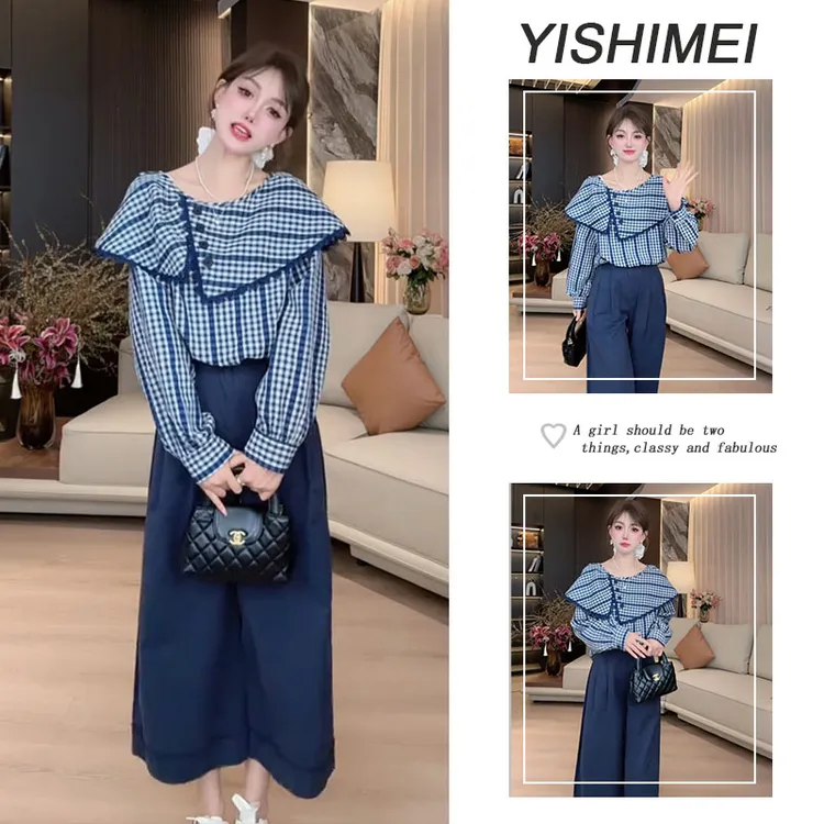 2025年春夏穿搭一整套韩系设计感百搭格纹长袖上衣休闲裤两件套装