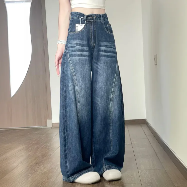 新韩式复古弯刀阔腿牛仔裤女秋季高腰宽松显瘦时尚百搭休闲弯刀裤