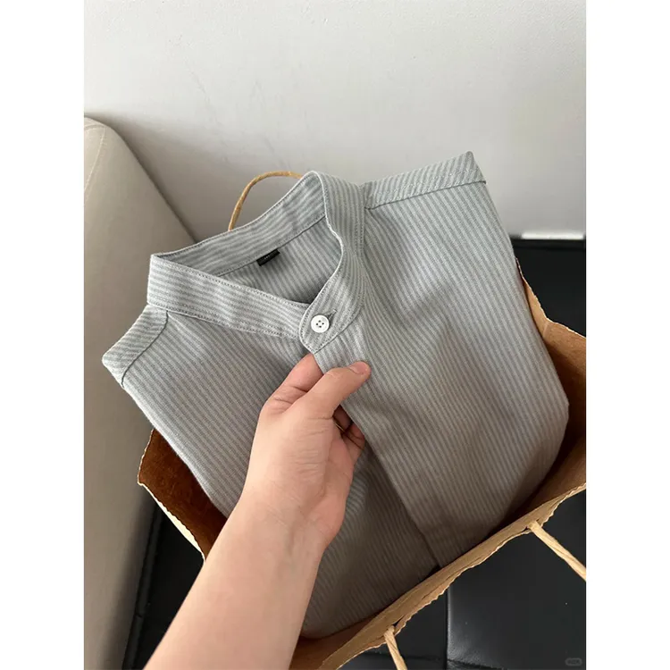 日系复古竖条纹衬衫男秋季内搭叠穿宽松cleanfit亨利领衬衣外套女