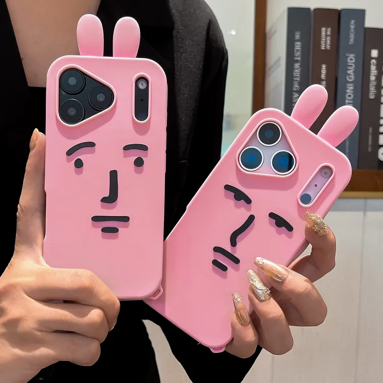 苹果|搞怪表情粉红兔子可爱耳朵适用iPhone17防摔ins韩硅胶手机壳