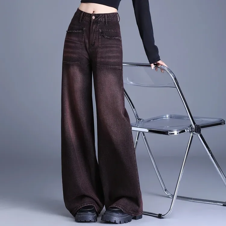 美式高街黑红色牛仔裤阔腿2025秋冬加绒显瘦高腰工装裤宽松直筒裤