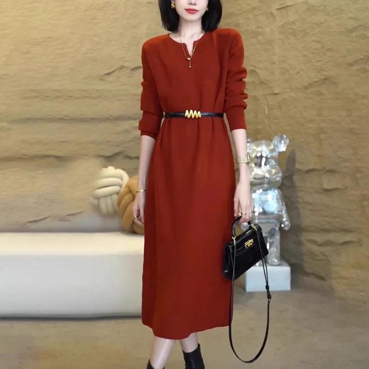 轻奢时尚气质长款针织衫毛衣女高级感妈妈打底衫显瘦百搭连衣裙子