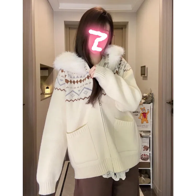 美式复古费尔岛可拆卸大毛领连帽针织毛衣外套秋冬慵懒风宽松上衣