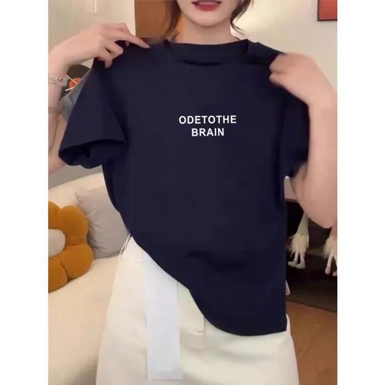 2025新款正肩短袖t恤女装设计感小众时尚百搭洋气藏青色上衣夏季