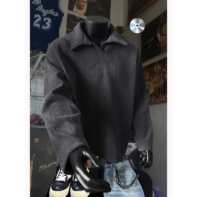 深灰色麦穗纹重磅polo衫卫衣男春秋美式潮牌加绒内搭打底套头外套