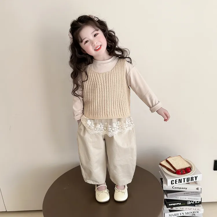 女小童针织马甲套装春秋款女宝宝洋气背心春装小女孩休闲三件套潮
