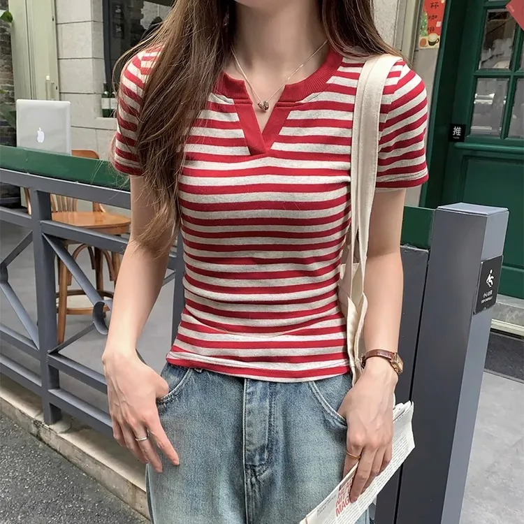 辣妹条纹撞色半开领正肩短袖T恤女2025夏季新款修身显瘦百搭上衣