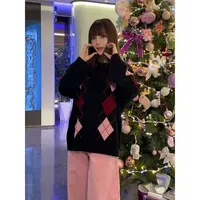 Lulusmiracle【七巧菱格】李小璐同款圆领拼色宽松绵羊毛针织衫