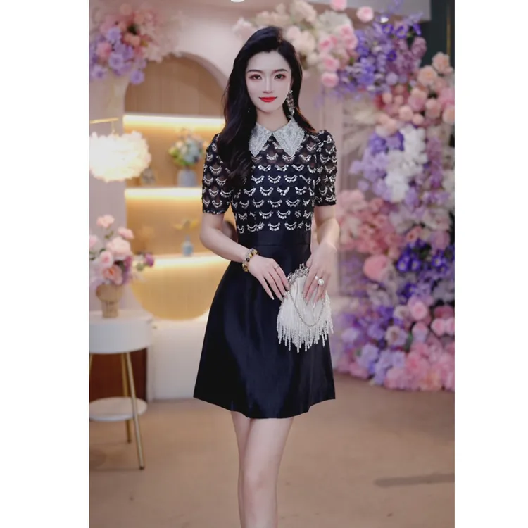 夏季新款法式轻奢收腰短袖连衣裙复古修身气质亮片钉珠A字裙1651