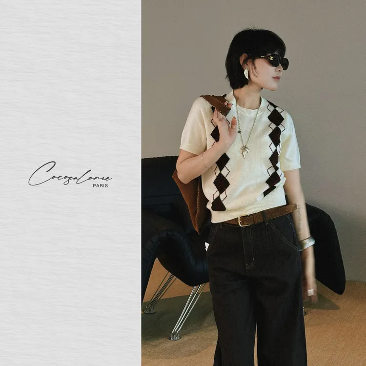 韩彬彬"小菱花"美利奴羊毛菱格学院优雅针织短袖2309-2