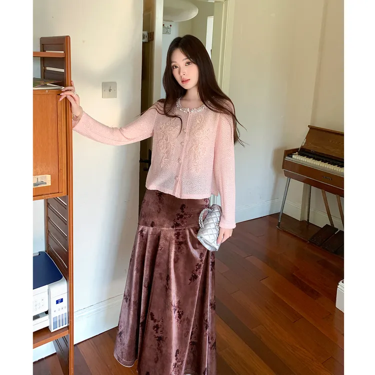 GERTCOREL2025新款春秋季法式修身针织衫衬衫半裙粉色淑女套装女
