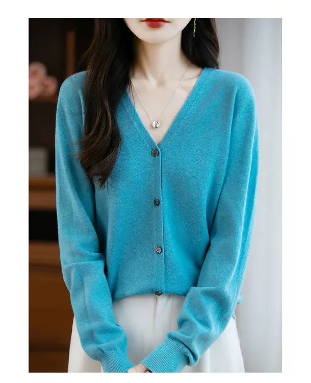 安迪绒女V领开衫薄厚款气质长袖显瘦百搭秋冬保暖时尚针织衫
