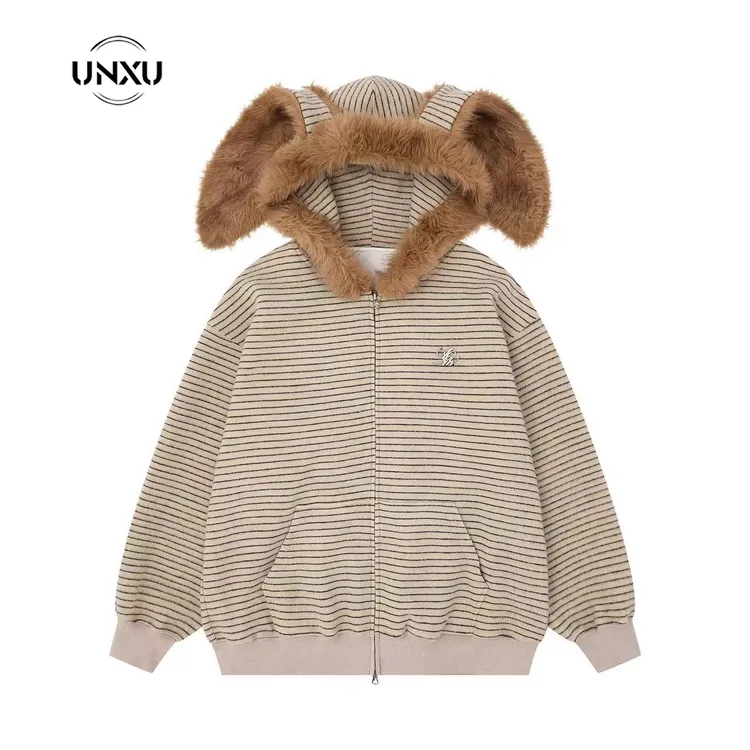 撞色条纹毛领连帽长袖休闲外套女秋季设计感宽松毛衣开衫慵懒上衣