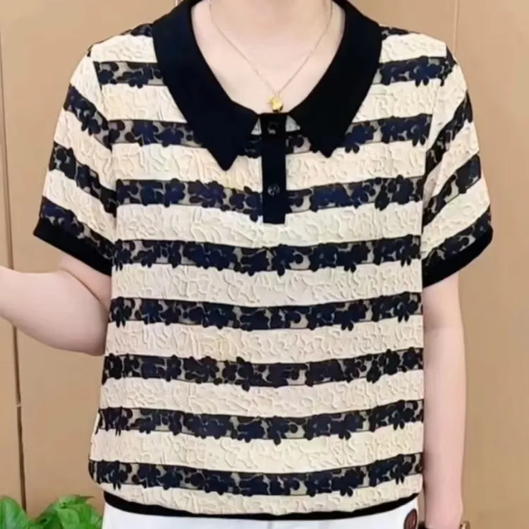 妈妈装2024秋季新款时尚洋气宽松遮肚子显瘦小衫时尚条纹洋气小衫