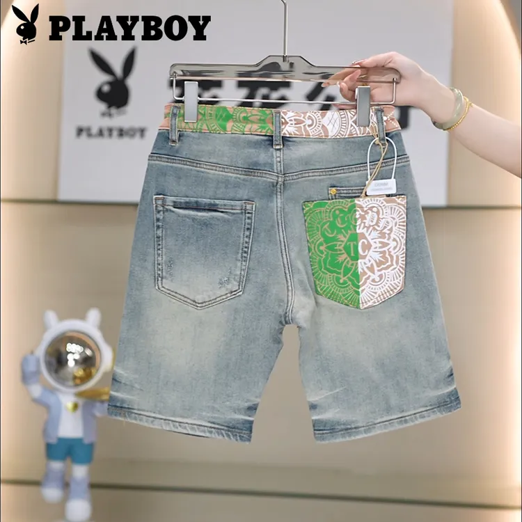 PLAYBOY/花花公子夏季薄款男士破洞撞色印花潮流百搭牛仔短裤