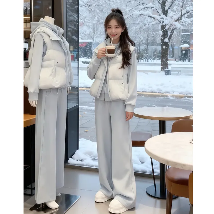 2026个性卫衣马甲阔腿裤三件套连帽设计舒适百搭秋冬休闲风套装