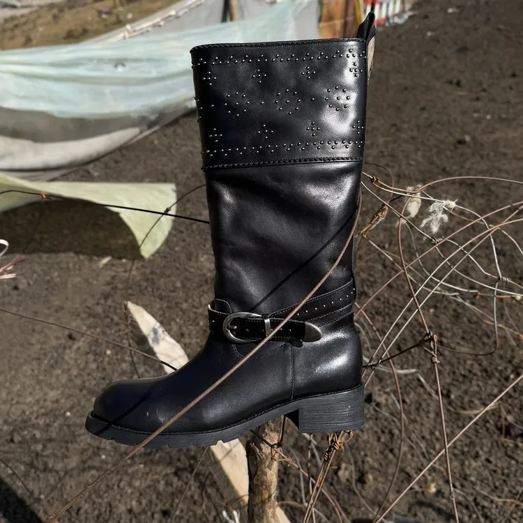 迷失麋鹿 紫标系列 秋冬新款真皮百搭长筒靴女粗跟显瘦直筒骑士靴