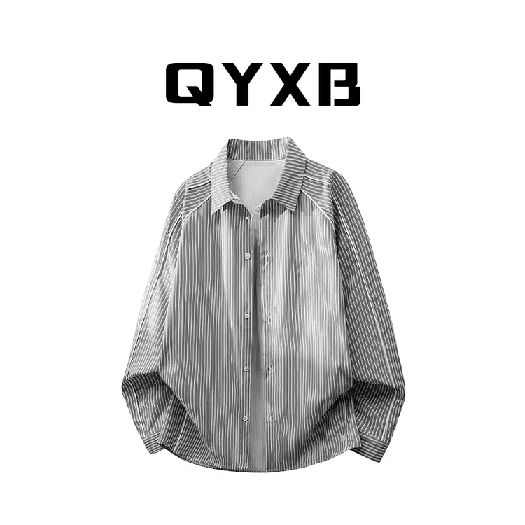 【品牌现货】QYXB春秋条纹长袖衬衫男复古宽松休闲简约翻领衬衣外套
